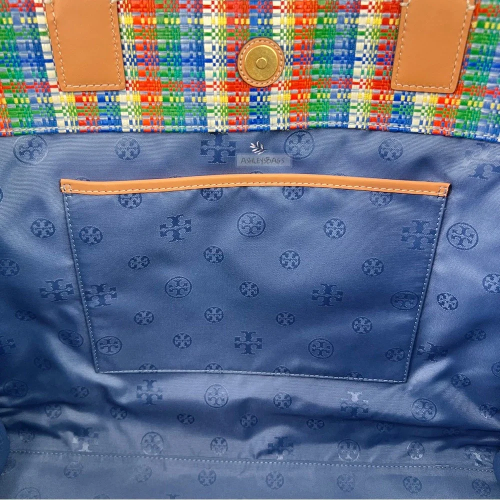 Tory Burch Ella Poly Woven Nylon Large Tote In Tory Navy Multi - Picture 10 of 11
